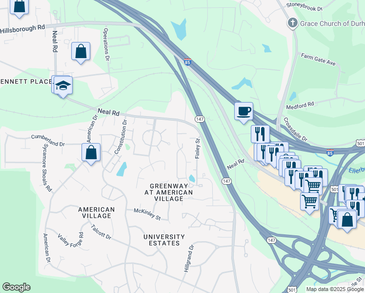 map of restaurants, bars, coffee shops, grocery stores, and more near 1 Quintin Place in Durham