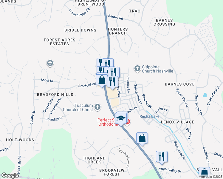 map of restaurants, bars, coffee shops, grocery stores, and more near 6900 Lenox Village Drive in Nashville