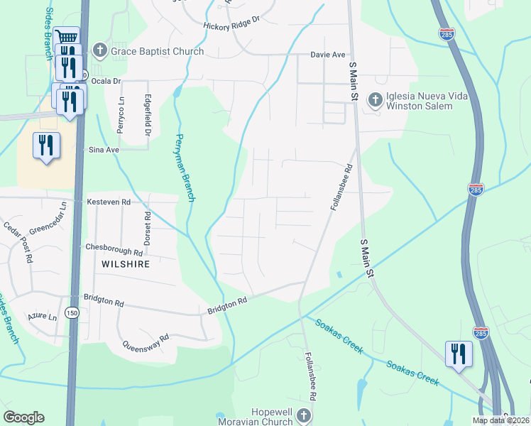 map of restaurants, bars, coffee shops, grocery stores, and more near 424 Inlet Place Drive in Winston-Salem