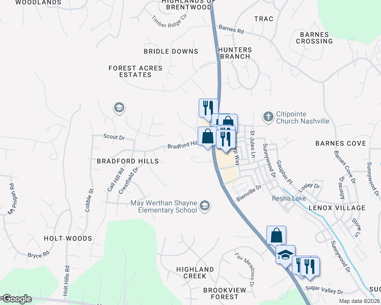 map of restaurants, bars, coffee shops, grocery stores, and more near 6009 Bradford Hills Drive in Nashville