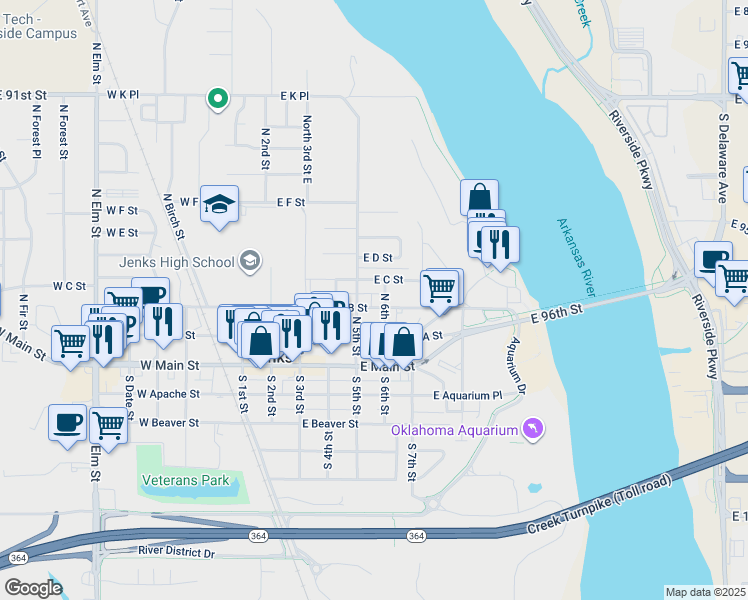 map of restaurants, bars, coffee shops, grocery stores, and more near 508 East C Street in Jenks