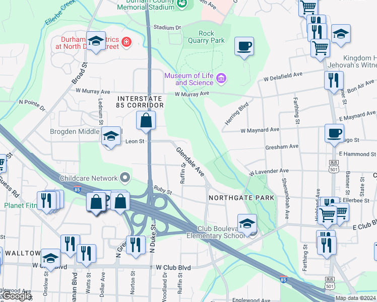 map of restaurants, bars, coffee shops, grocery stores, and more near 2604 Glendale Avenue in Durham
