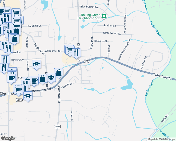 map of restaurants, bars, coffee shops, grocery stores, and more near 400 Hawk Ridge Drive in Winston Salem