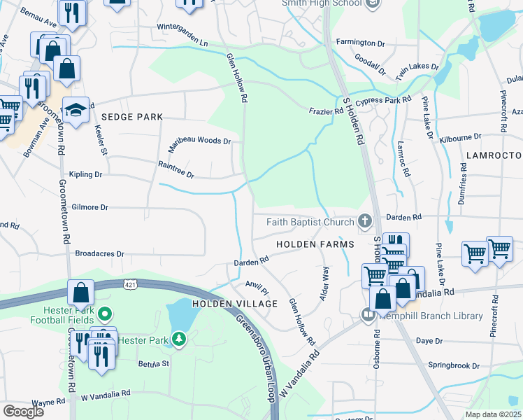 map of restaurants, bars, coffee shops, grocery stores, and more near 3318 Morning Dew Road in Greensboro