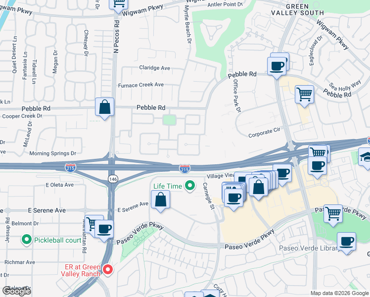 map of restaurants, bars, coffee shops, grocery stores, and more near 2419 Pebble Springs Court in Henderson