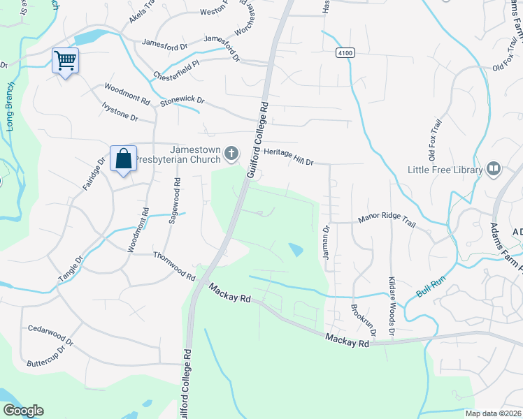 map of restaurants, bars, coffee shops, grocery stores, and more near 1903 Guilford College Road in Jamestown