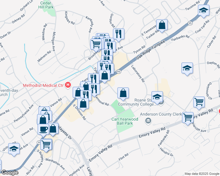 map of restaurants, bars, coffee shops, grocery stores, and more near White Oak Avenue in Oak Ridge
