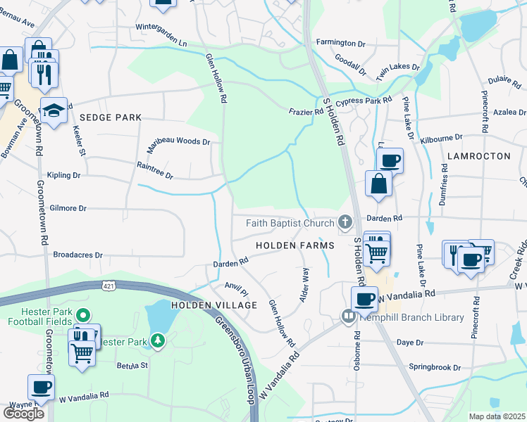 map of restaurants, bars, coffee shops, grocery stores, and more near 3308 Morning Dew Road in Greensboro
