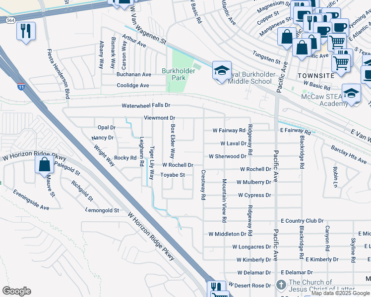 map of restaurants, bars, coffee shops, grocery stores, and more near 428 Daffodil Drive in Henderson