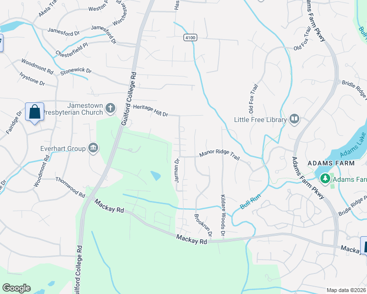 map of restaurants, bars, coffee shops, grocery stores, and more near 829 Jarman Drive in Jamestown