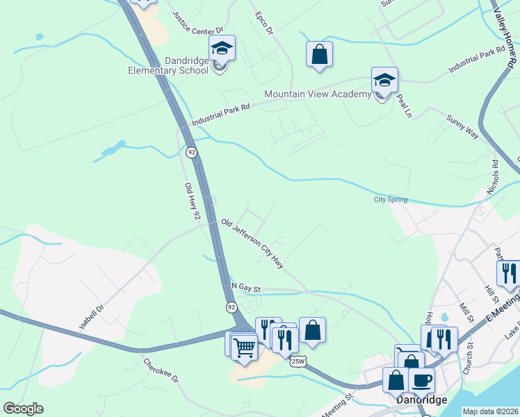 map of restaurants, bars, coffee shops, grocery stores, and more near 816 Twin Oaks Way in Dandridge