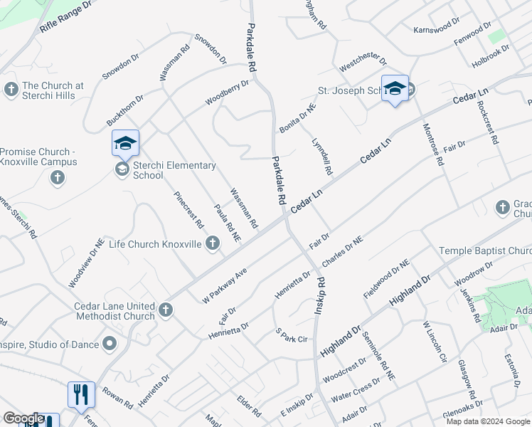 map of restaurants, bars, coffee shops, grocery stores, and more near 5408 Wassman Road in Knoxville