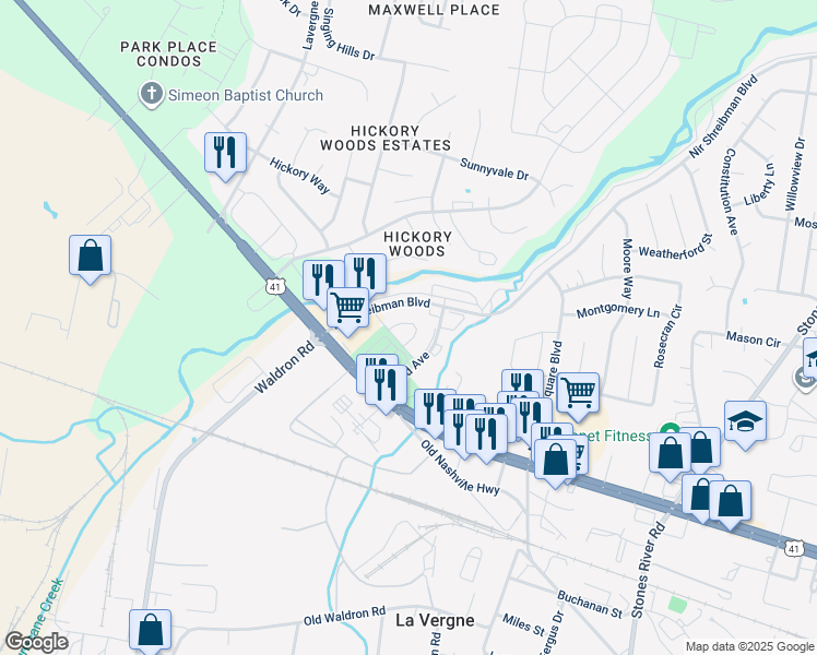 map of restaurants, bars, coffee shops, grocery stores, and more near 4036 Nir Shreibman Boulevard in La Vergne