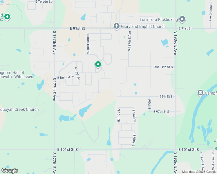 map of restaurants, bars, coffee shops, grocery stores, and more near 1633 East Edgewater Street South in Broken Arrow