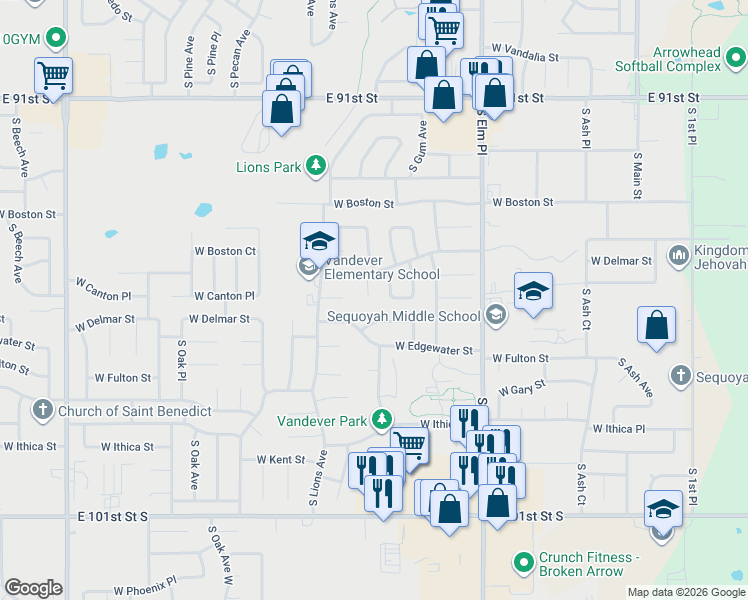 map of restaurants, bars, coffee shops, grocery stores, and more near 2305 South Juniper Avenue in Broken Arrow