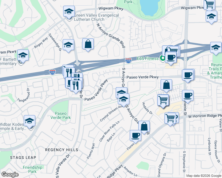 map of restaurants, bars, coffee shops, grocery stores, and more near 1775 Summerwood Circle in Henderson