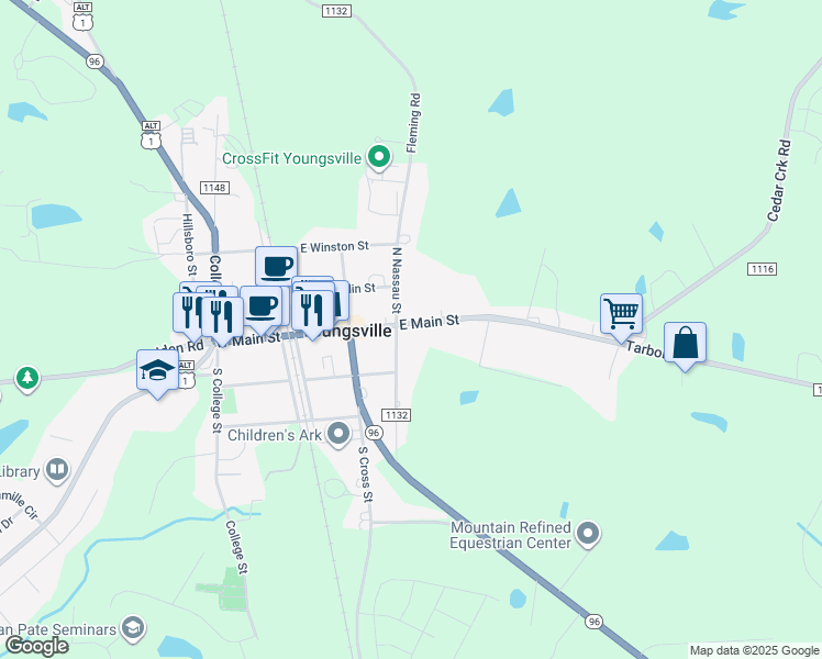 map of restaurants, bars, coffee shops, grocery stores, and more near 306 East Main Street in Youngsville