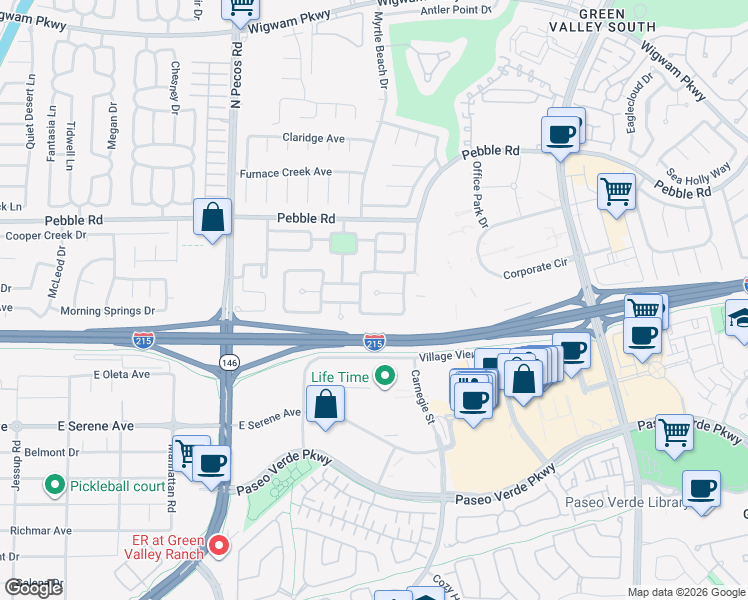 map of restaurants, bars, coffee shops, grocery stores, and more near 2419 Pebble Springs Court in Henderson