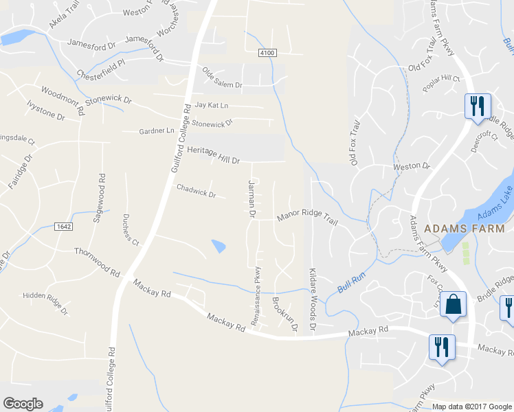 map of restaurants, bars, coffee shops, grocery stores, and more near 829 Jarman Drive in Jamestown