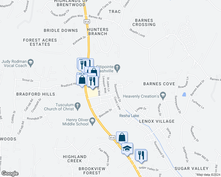 map of restaurants, bars, coffee shops, grocery stores, and more near 640 Saint Jules Lane in Nashville