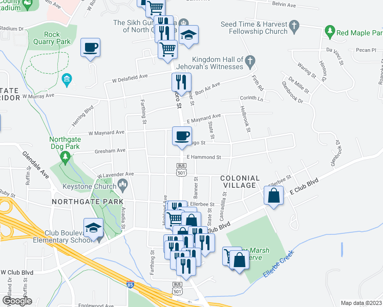 map of restaurants, bars, coffee shops, grocery stores, and more near 307 East Hammond Street in Durham