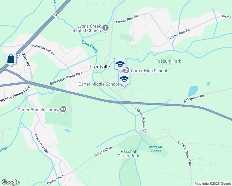 map of restaurants, bars, coffee shops, grocery stores, and more near 204 North Carter School Road in Strawberry Plains