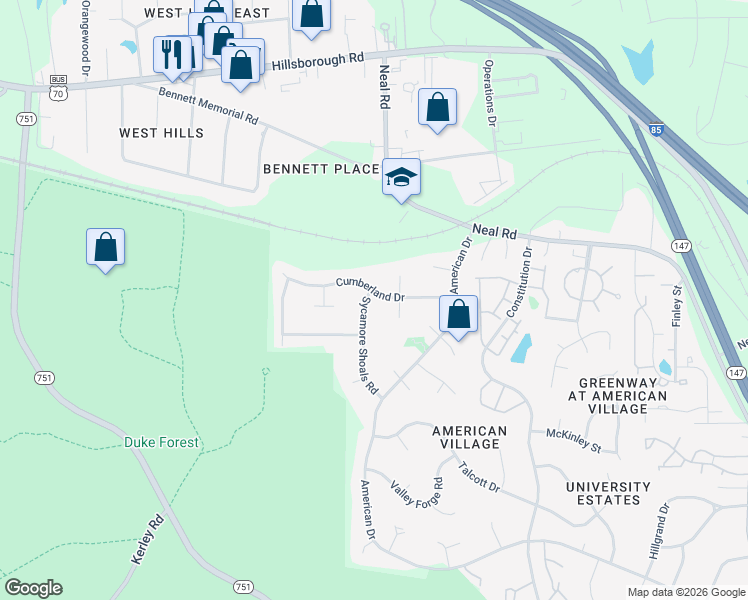 map of restaurants, bars, coffee shops, grocery stores, and more near 4505 Cumberland Drive in Durham