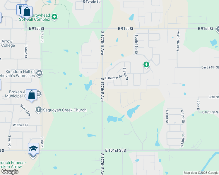 map of restaurants, bars, coffee shops, grocery stores, and more near 2611 South 10th Street in Broken Arrow