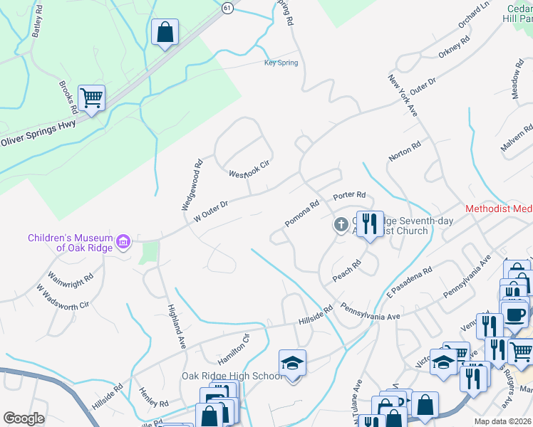 map of restaurants, bars, coffee shops, grocery stores, and more near 323 West Outer Drive in Oak Ridge