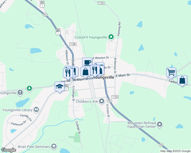 map of restaurants, bars, coffee shops, grocery stores, and more near 119 Main Street in Youngsville