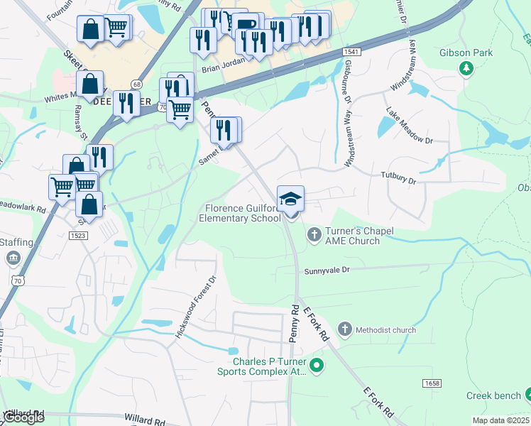 map of restaurants, bars, coffee shops, grocery stores, and more near 3511 Park Hill Crossing Drive in High Point