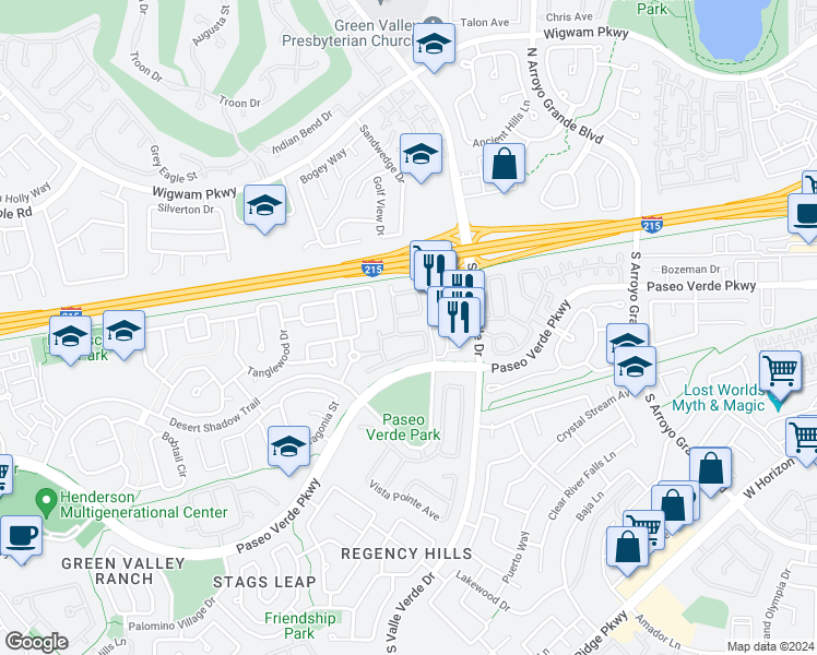 map of restaurants, bars, coffee shops, grocery stores, and more near 1838 Thunder Mountain Drive in Henderson
