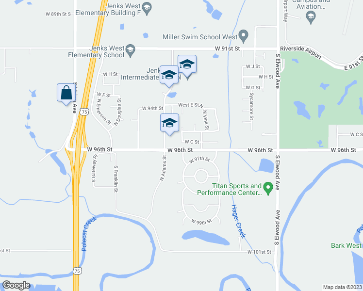 map of restaurants, bars, coffee shops, grocery stores, and more near 2428 West C Street in Jenks