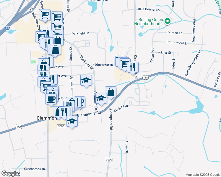 map of restaurants, bars, coffee shops, grocery stores, and more near 3462 Clemmons Road in Clemmons