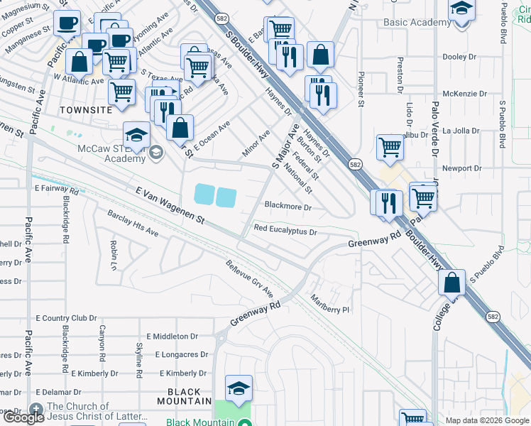 map of restaurants, bars, coffee shops, grocery stores, and more near 307 Regina Way in Henderson