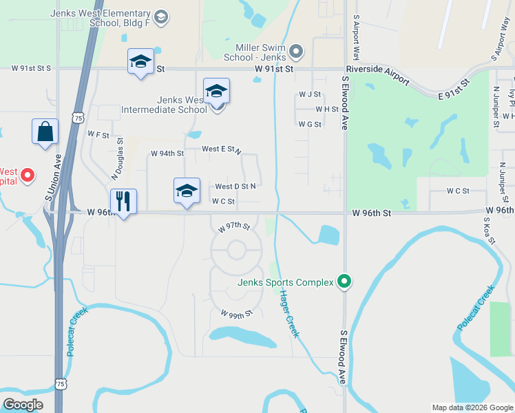 map of restaurants, bars, coffee shops, grocery stores, and more near 2301 West C Street in Jenks