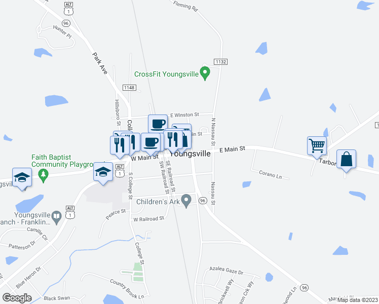 map of restaurants, bars, coffee shops, grocery stores, and more near 149 East Main Street in Youngsville
