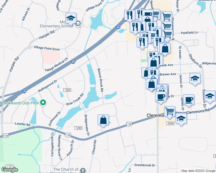 map of restaurants, bars, coffee shops, grocery stores, and more near 6651 Belfield Court in Clemmons