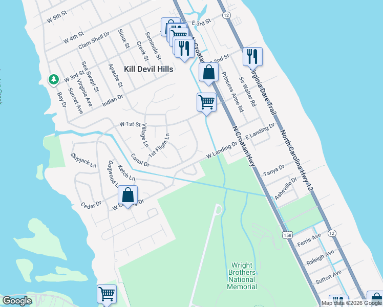 map of restaurants, bars, coffee shops, grocery stores, and more near 338-368 Canal Dr in Kill Devil Hills