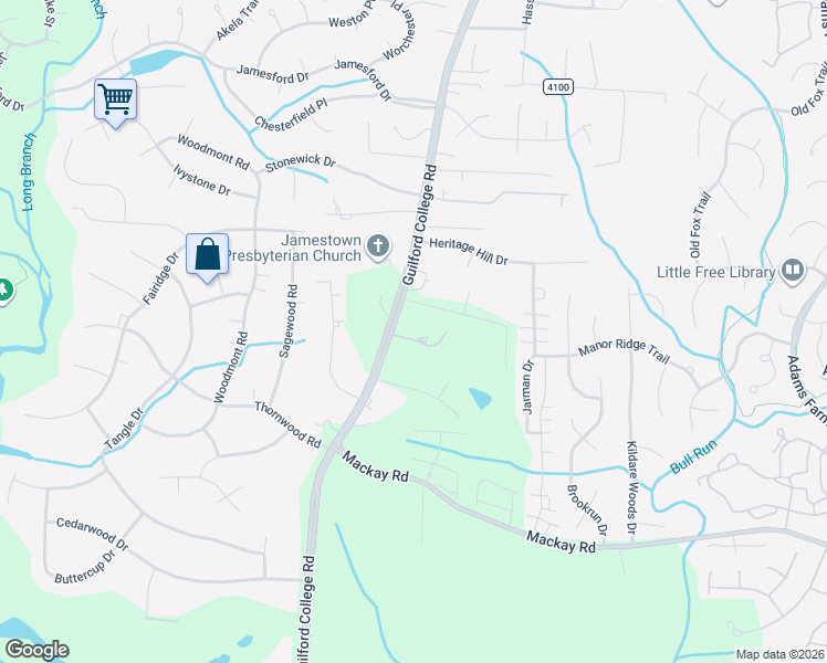 map of restaurants, bars, coffee shops, grocery stores, and more near 1903 Guilford College Road in Jamestown