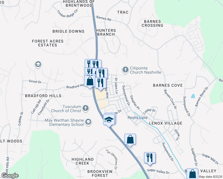 map of restaurants, bars, coffee shops, grocery stores, and more near 7618 Leveson Way in Nashville