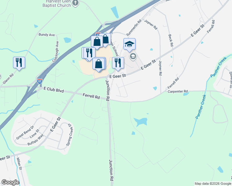 map of restaurants, bars, coffee shops, grocery stores, and more near 1400-1498 Junction Road in Durham