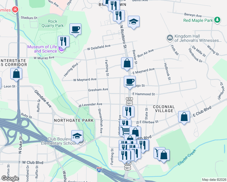 map of restaurants, bars, coffee shops, grocery stores, and more near 2702 Farthing Street in Durham