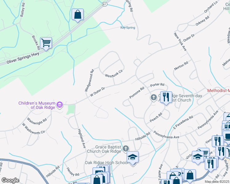 map of restaurants, bars, coffee shops, grocery stores, and more near 323 West Outer Drive in Oak Ridge