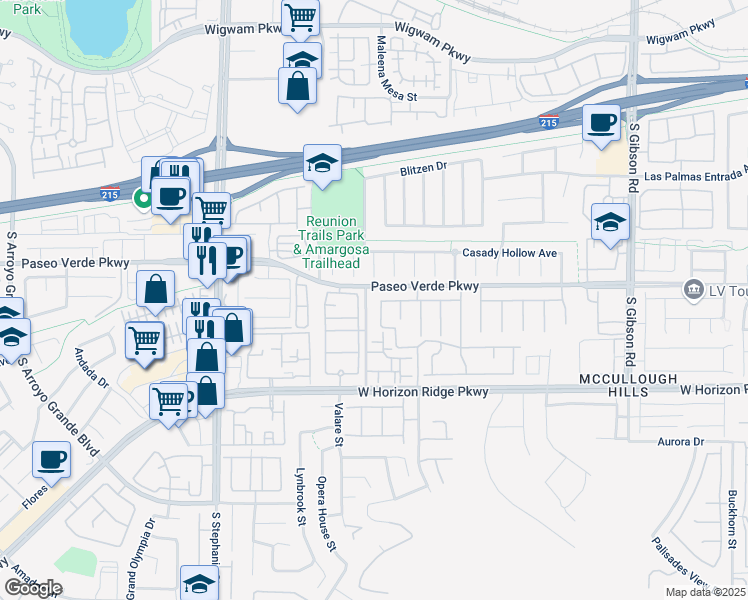 map of restaurants, bars, coffee shops, grocery stores, and more near 155 Thunder Plains Way in Henderson