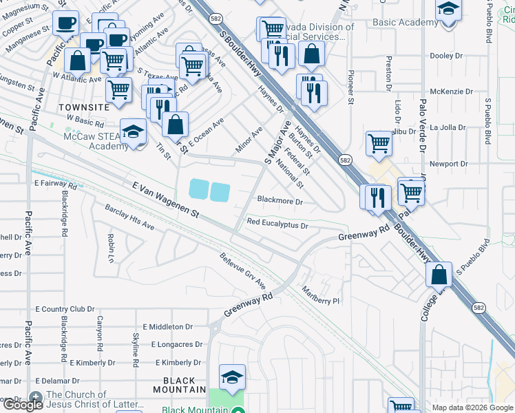 map of restaurants, bars, coffee shops, grocery stores, and more near 307 Regina Way in Henderson