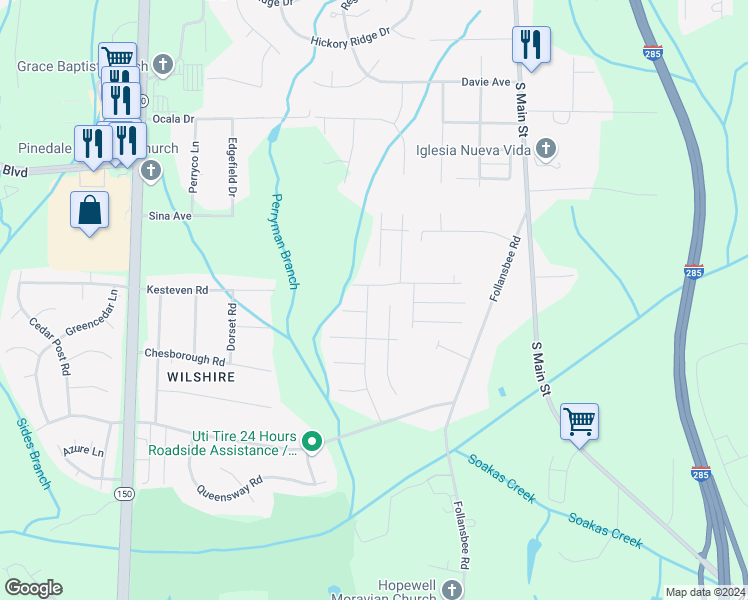 map of restaurants, bars, coffee shops, grocery stores, and more near 4809 Bridgton Place Drive in Winston-Salem