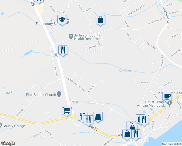 map of restaurants, bars, coffee shops, grocery stores, and more near 932 County Farm Road in Dandridge
