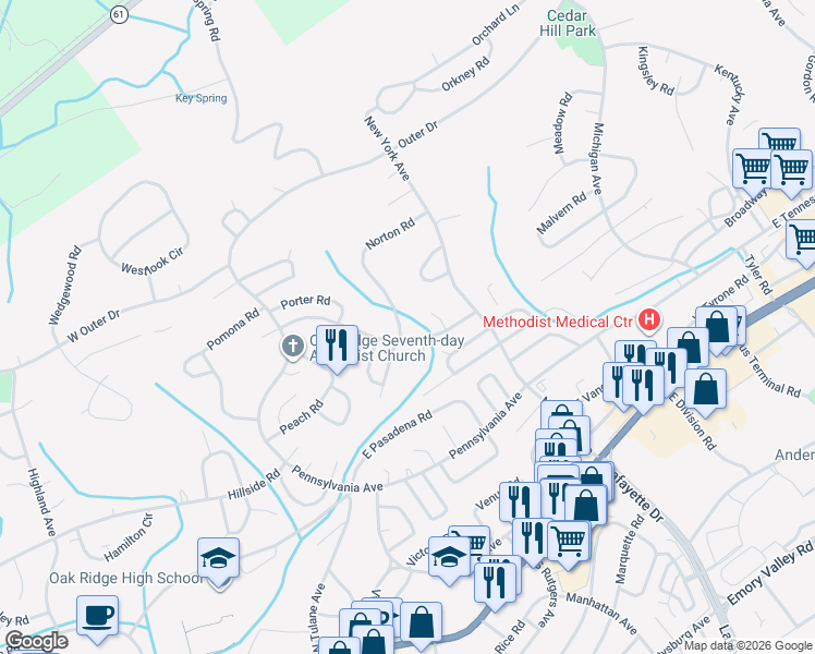 map of restaurants, bars, coffee shops, grocery stores, and more near 107 Underwood Road in Oak Ridge