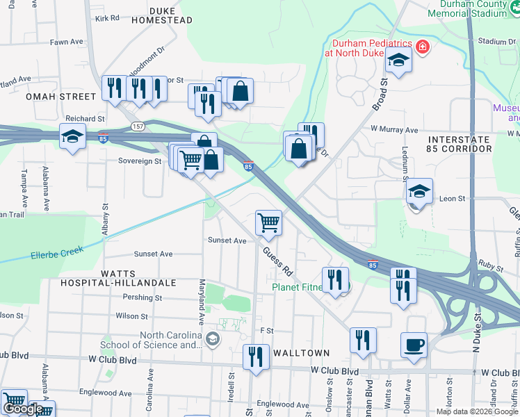 map of restaurants, bars, coffee shops, grocery stores, and more near 1810 Forest Road in Durham